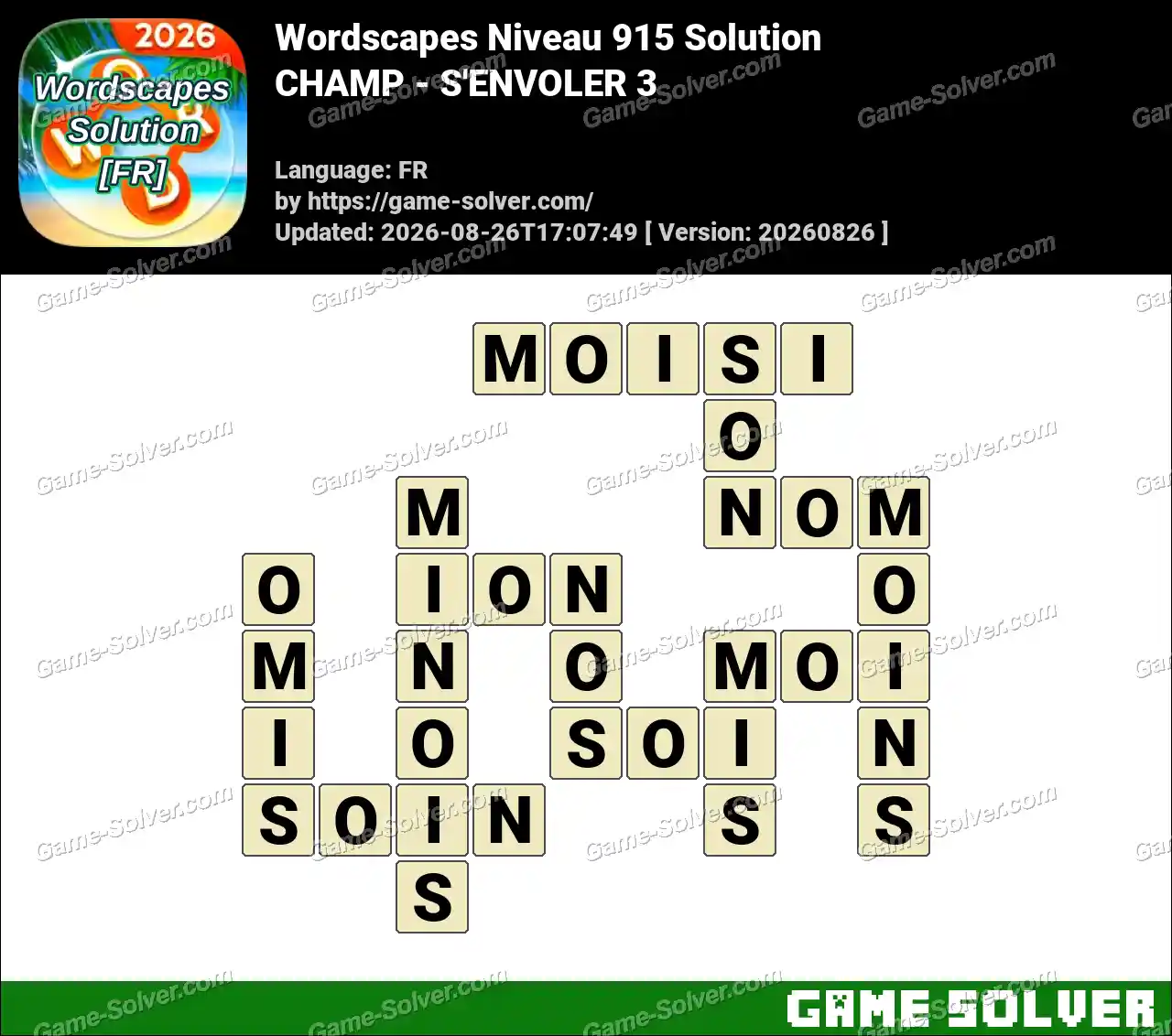 Wordscapes Français Niveau 915 Solution — CHAMP – S’ENVOLER 3